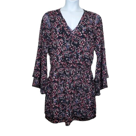 White House Black Market Flare Sleeve V-Neck Pattern Chiffon Mini Dress Size 8 - Picture 1 of 7